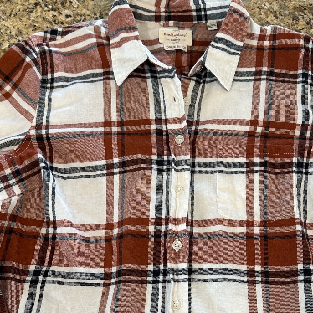 Weatherproof Vintage Rust, Navy and White Plaid Button Down Flannel Shirt - Picture 4 of 7